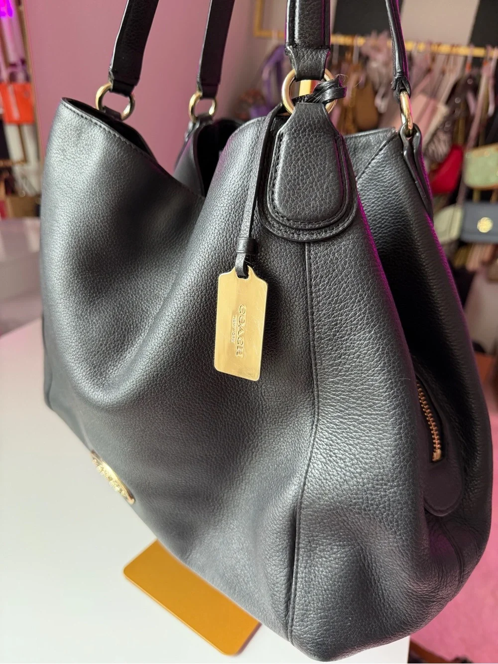 Coach Black Pebbled Leather Hobo Tote Shoulder Bag Gold Turnlock purse
